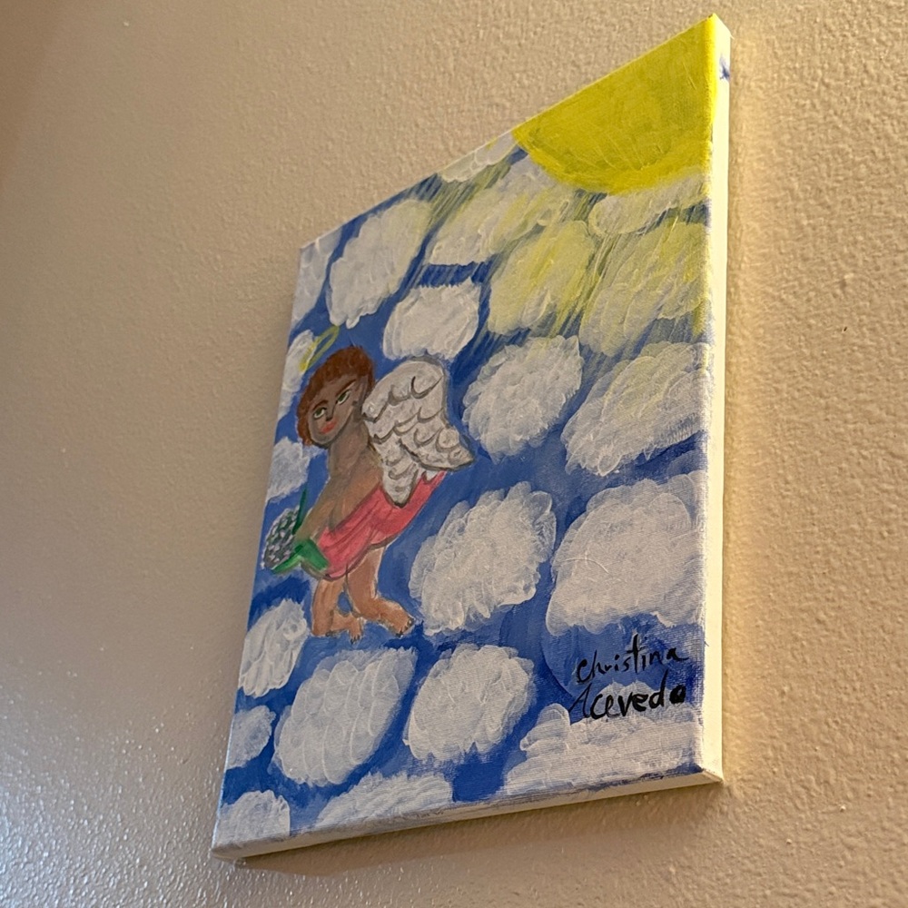 Angel in Clouds Painting with Blue and Yellow Accents